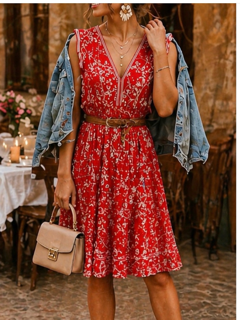 Boho styling. Max Studio Red Floral V-Neck Midi Dress. Size S.